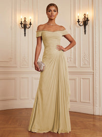 Chiffon A-Line/Princess Off Shoulder Floor-Length Formal Dresses with Ruffles & Pleats