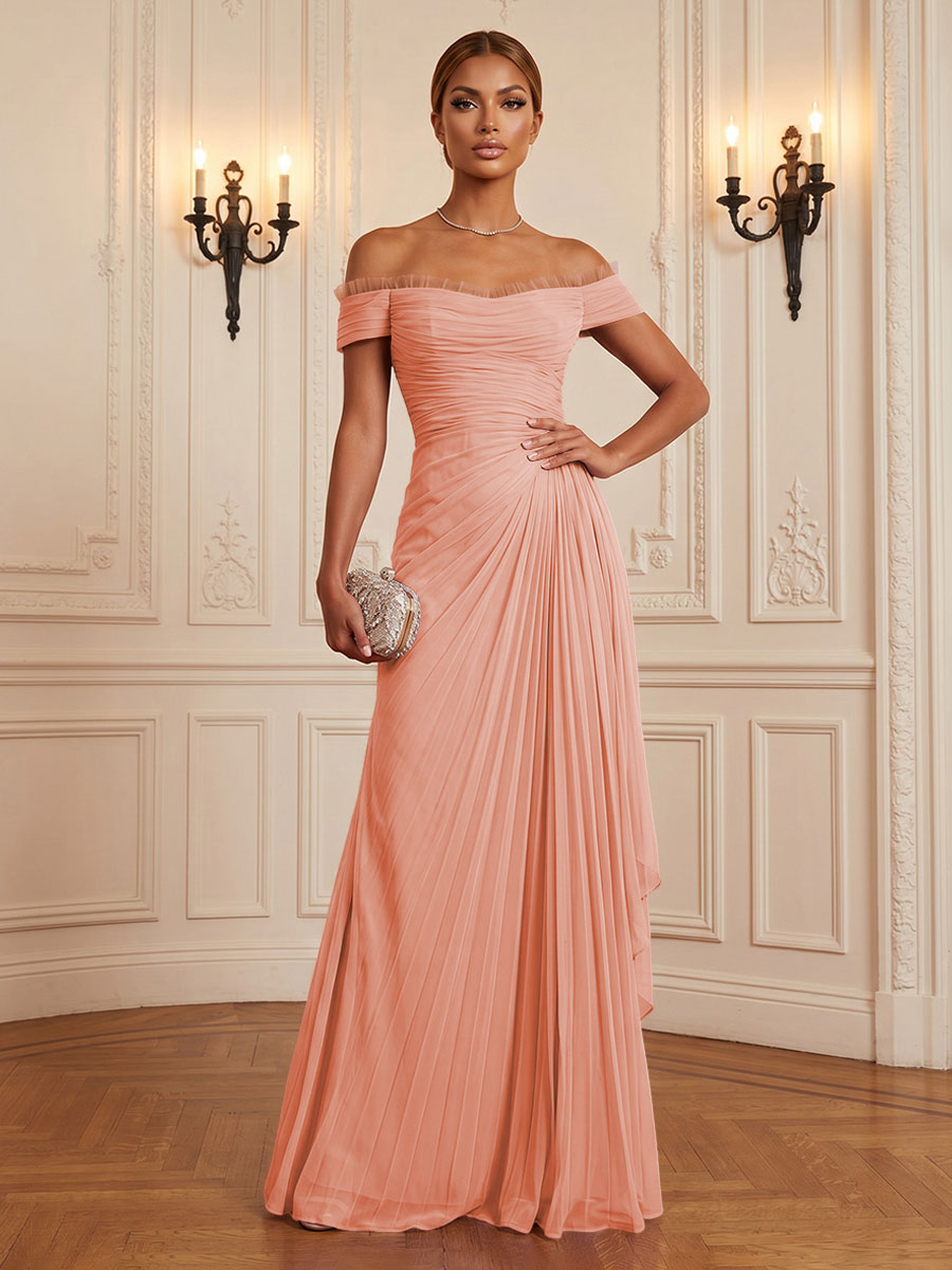 Chiffon A-Line/Princess Off Shoulder Floor-Length Formal Dresses with Ruffles & Pleats