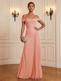 Chiffon A-Line/Princess Off Shoulder Floor-Length Formal Dresses with Ruffles & Pleats