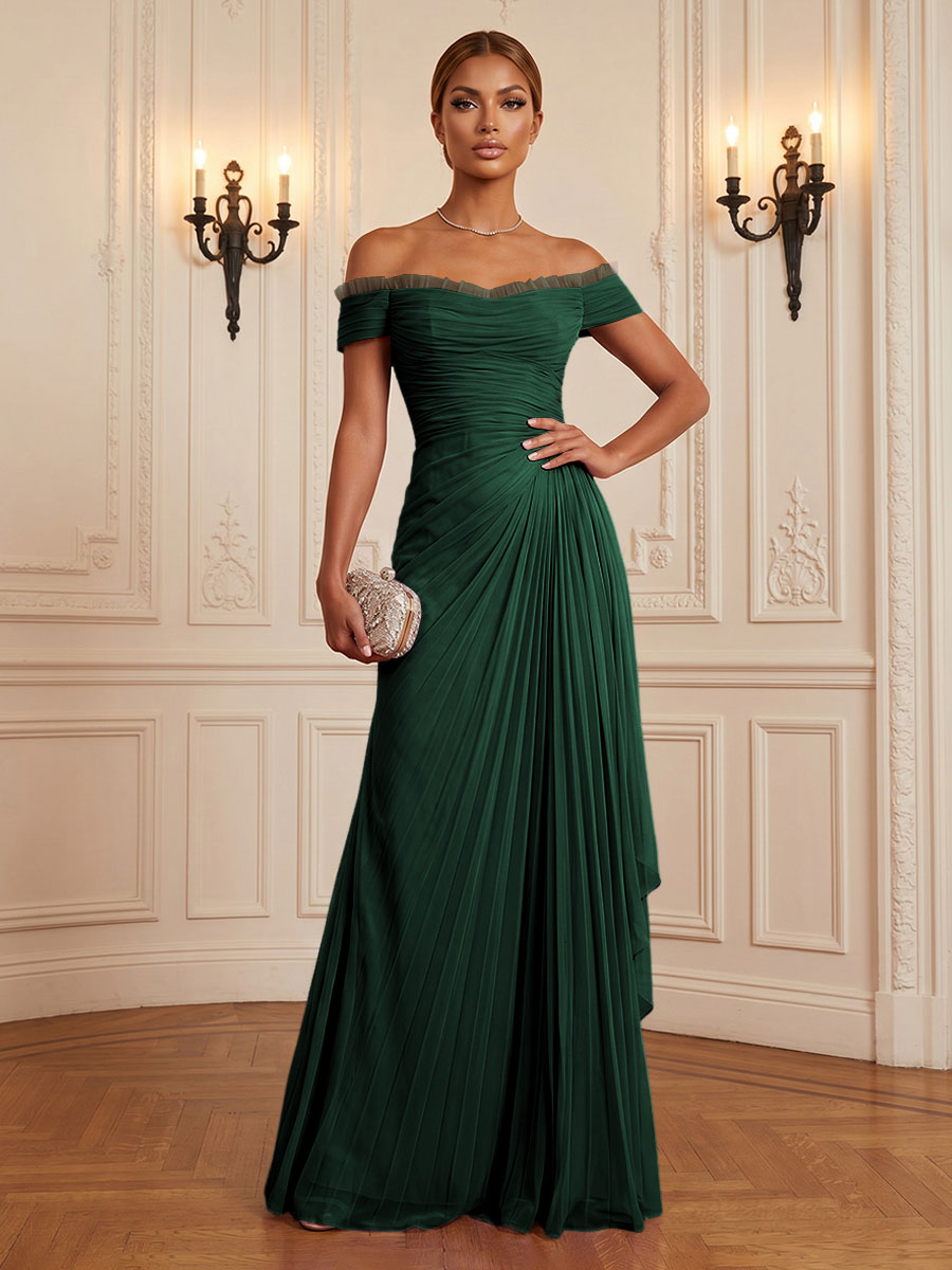 Chiffon A-Line/Princess Off Shoulder Floor-Length Formal Dresses with Ruffles & Pleats