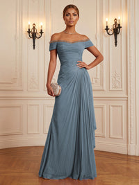 Chiffon A-Line/Princess Off Shoulder Floor-Length Formal Dresses with Ruffles & Pleats