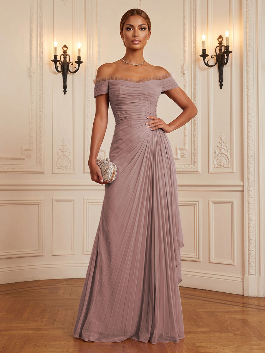 Chiffon A-Line/Princess Off Shoulder Floor-Length Formal Dresses with Ruffles & Pleats