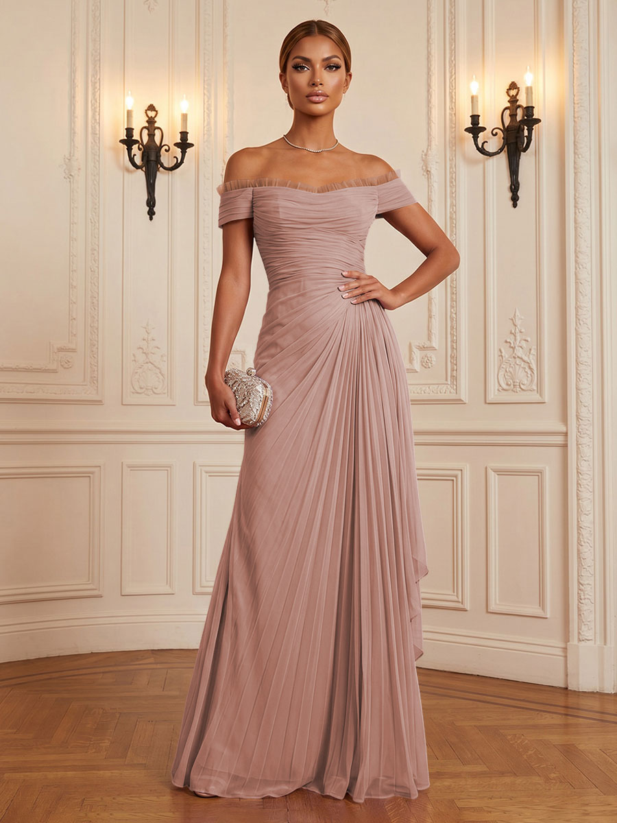 Chiffon A-Line/Princess Off Shoulder Floor-Length Formal Dresses with Ruffles & Pleats