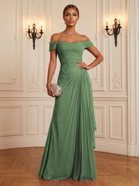 Chiffon A-Line/Princess Off Shoulder Floor-Length Formal Dresses with Ruffles & Pleats