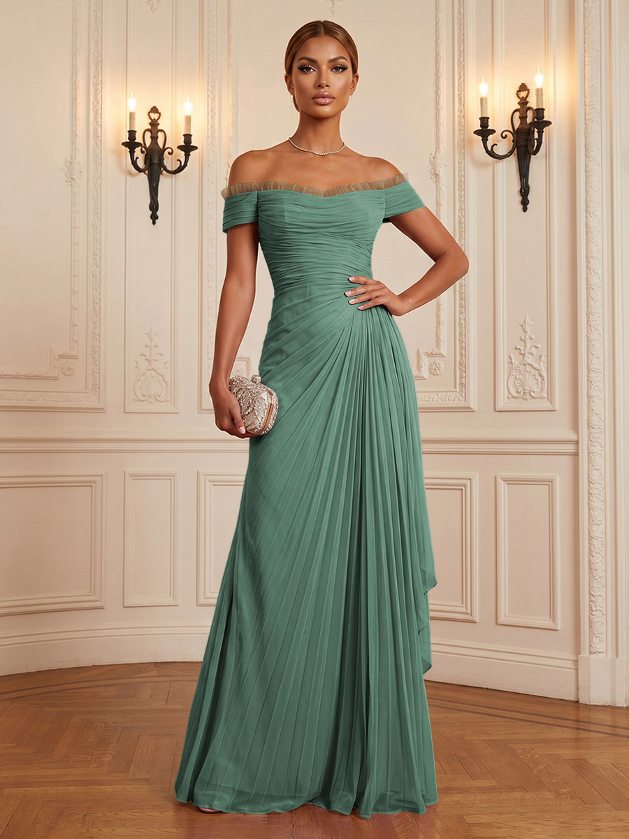 Chiffon A-Line/Princess Off Shoulder Floor-Length Formal Dresses with Ruffles & Pleats