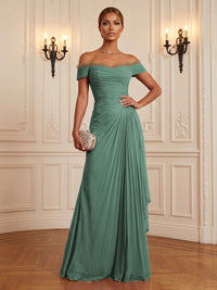 Chiffon A-Line/Princess Off Shoulder Floor-Length Formal Dresses with Ruffles & Pleats