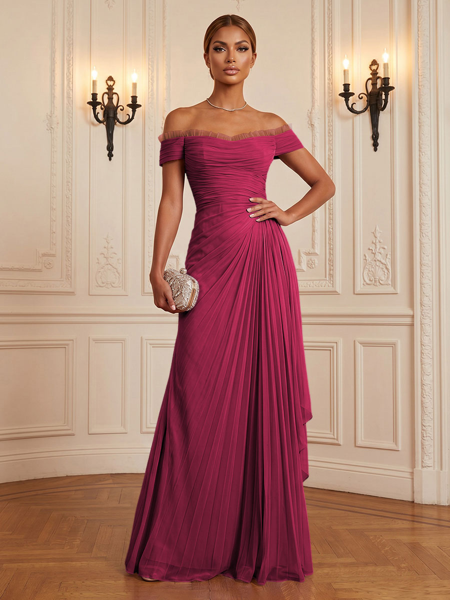 Chiffon A-Line/Princess Off Shoulder Floor-Length Formal Dresses with Ruffles & Pleats