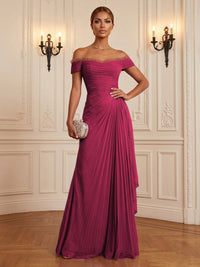 Chiffon A-Line/Princess Off Shoulder Floor-Length Formal Dresses with Ruffles & Pleats