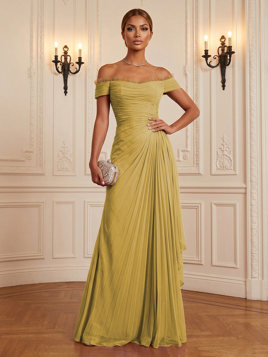 Chiffon A-Line/Princess Off Shoulder Floor-Length Formal Dresses with Ruffles & Pleats