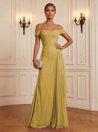 Chiffon A-Line/Princess Off Shoulder Floor-Length Formal Dresses with Ruffles & Pleats
