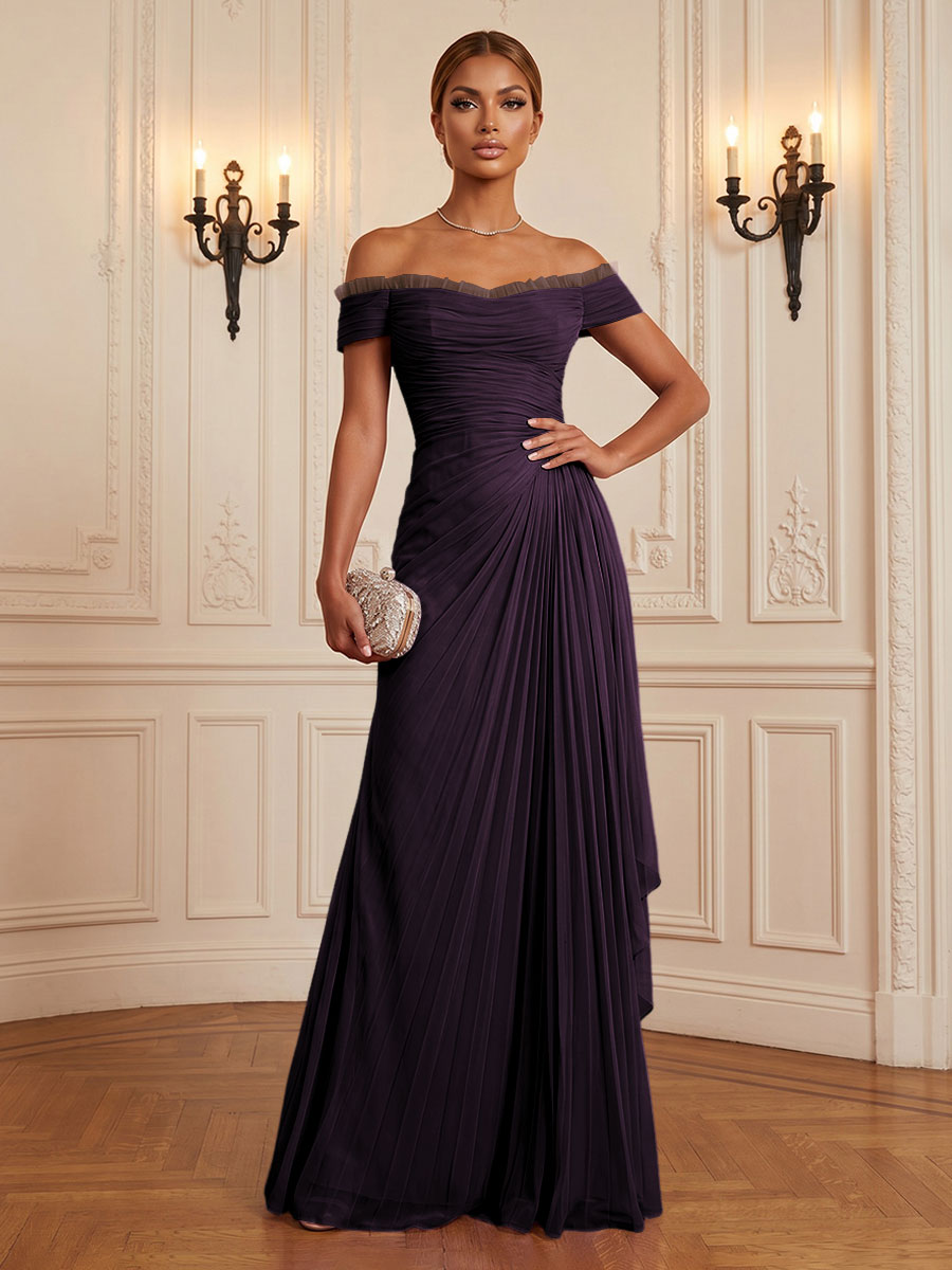 Chiffon A-Line/Princess Off Shoulder Floor-Length Formal Dresses with Ruffles & Pleats