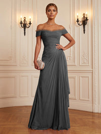 Chiffon A-Line/Princess Off Shoulder Floor-Length Formal Dresses with Ruffles & Pleats