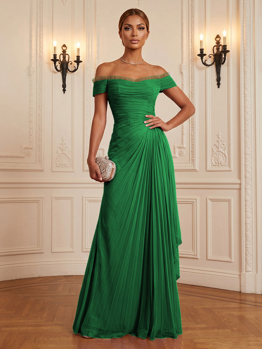 Chiffon A-Line/Princess Off Shoulder Floor-Length Formal Dresses with Ruffles & Pleats