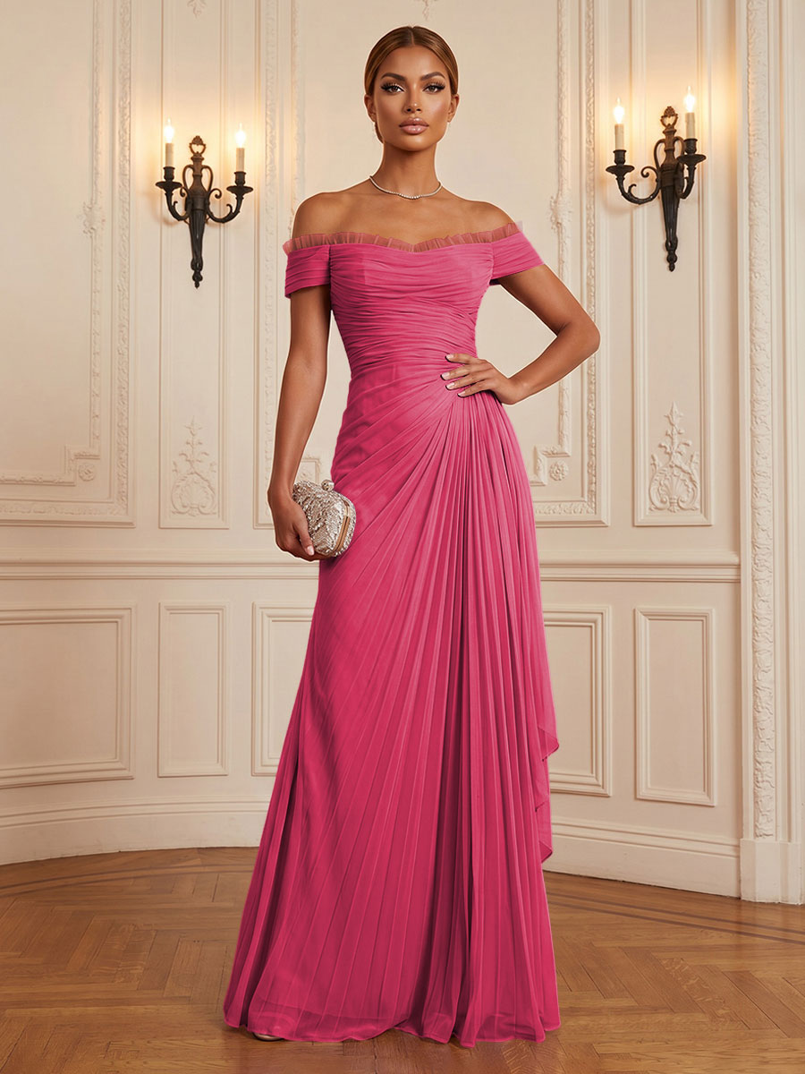 Chiffon A-Line/Princess Off Shoulder Floor-Length Formal Dresses with Ruffles & Pleats