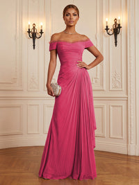 Chiffon A-Line/Princess Off Shoulder Floor-Length Formal Dresses with Ruffles & Pleats