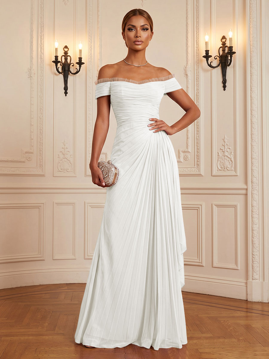 Chiffon A-Line/Princess Off Shoulder Floor-Length Formal Dresses with Ruffles & Pleats