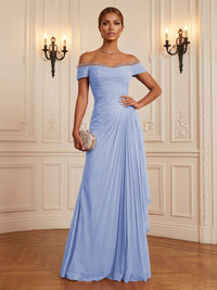 Chiffon A-Line/Princess Off Shoulder Floor-Length Formal Dresses with Ruffles & Pleats