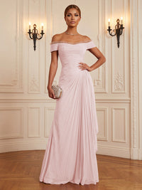 Chiffon A-Line/Princess Off Shoulder Floor-Length Formal Dresses with Ruffles & Pleats