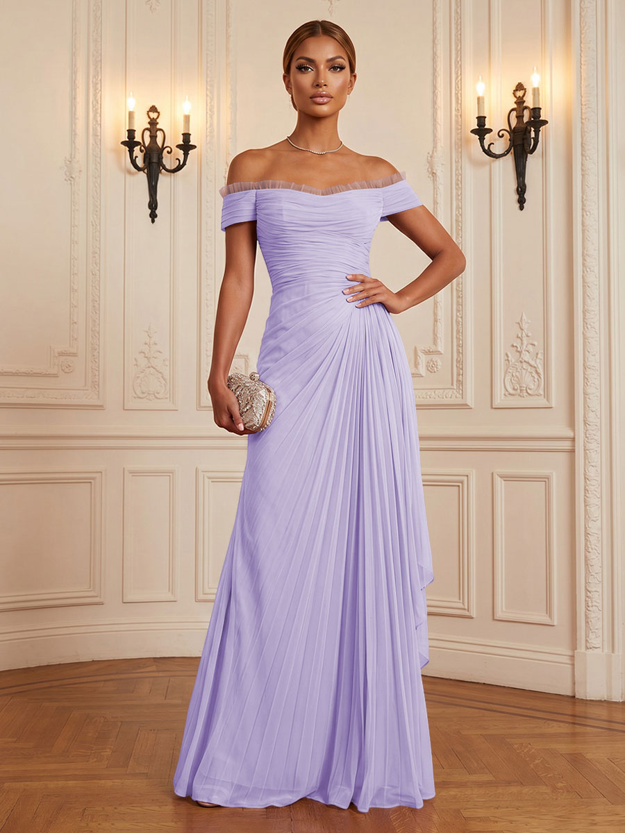 Chiffon A-Line/Princess Off Shoulder Floor-Length Formal Dresses with Ruffles & Pleats