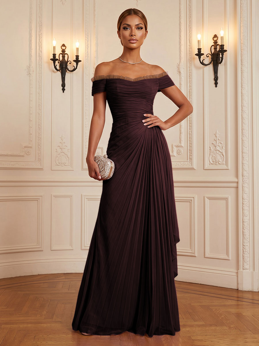 Chiffon A-Line/Princess Off Shoulder Floor-Length Formal Dresses with Ruffles & Pleats