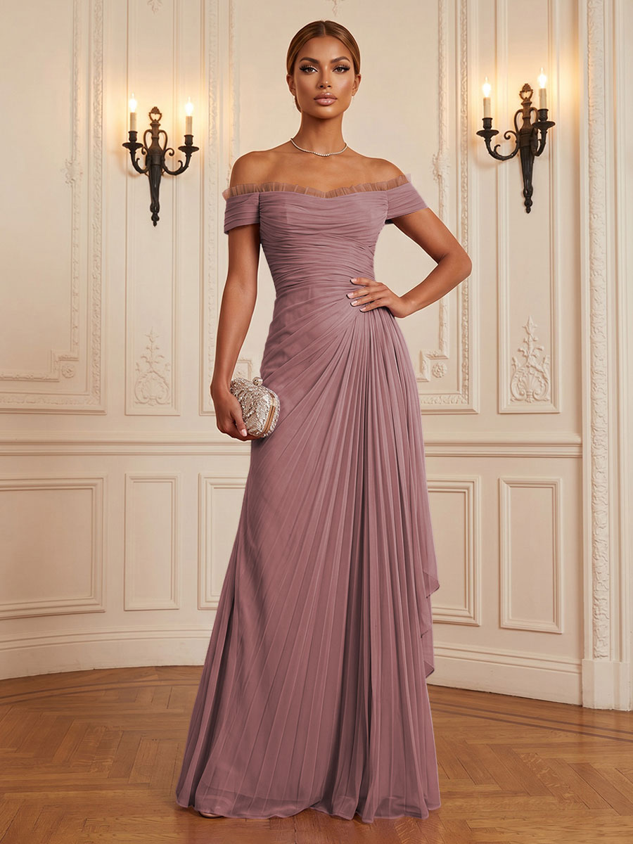 Chiffon A-Line/Princess Off Shoulder Floor-Length Formal Dresses with Ruffles & Pleats