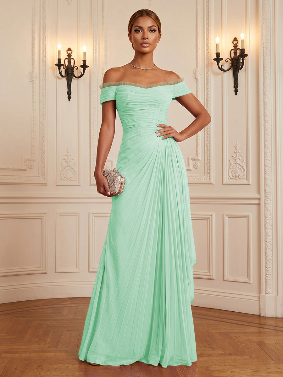 Chiffon A-Line/Princess Off Shoulder Floor-Length Formal Dresses with Ruffles & Pleats