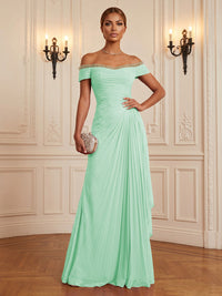 Chiffon A-Line/Princess Off Shoulder Floor-Length Formal Dresses with Ruffles & Pleats