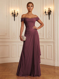 Chiffon A-Line/Princess Off Shoulder Floor-Length Formal Dresses with Ruffles & Pleats