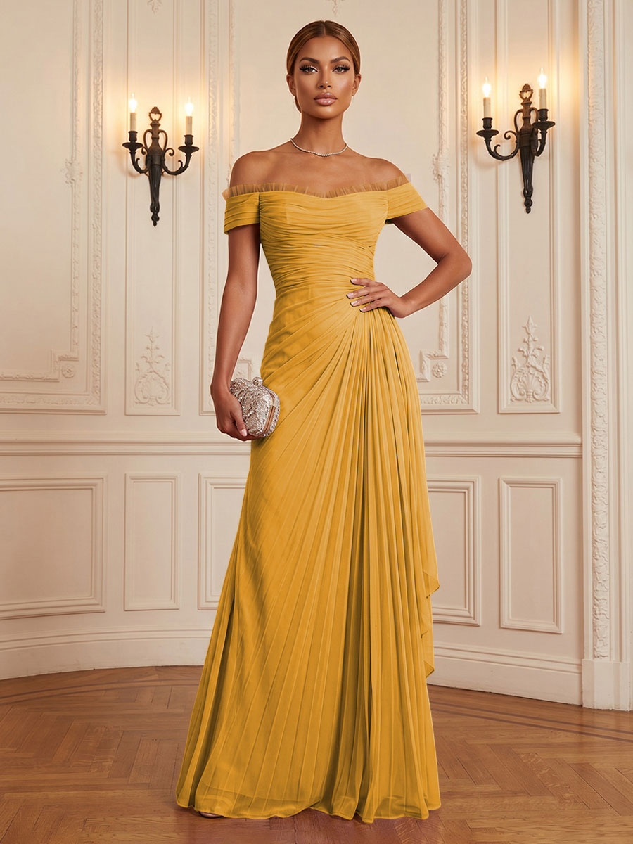 Chiffon A-Line/Princess Off Shoulder Floor-Length Formal Dresses with Ruffles & Pleats