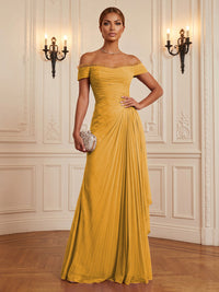 Chiffon A-Line/Princess Off Shoulder Floor-Length Formal Dresses with Ruffles & Pleats
