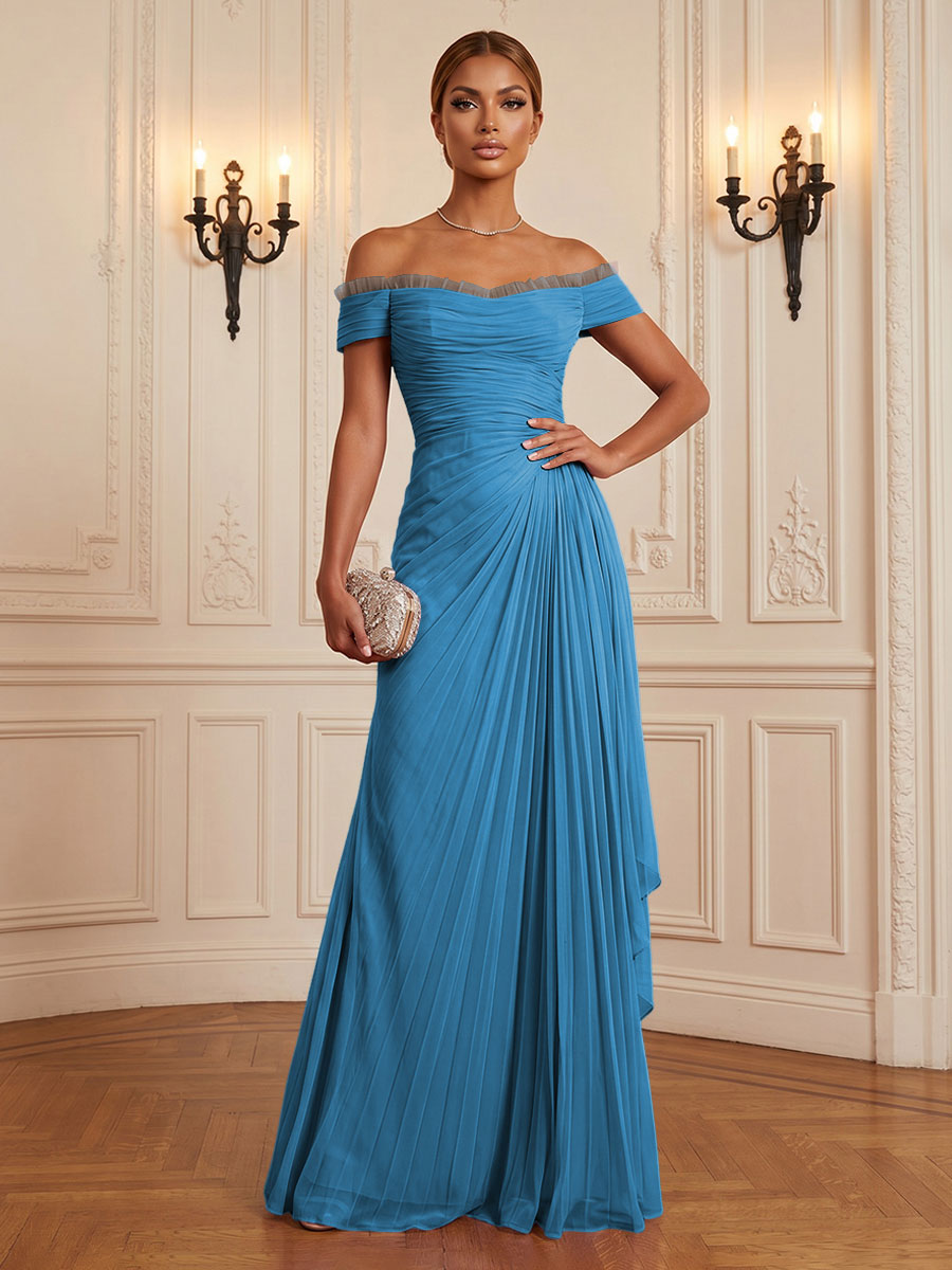 Chiffon A-Line/Princess Off Shoulder Floor-Length Formal Dresses with Ruffles & Pleats