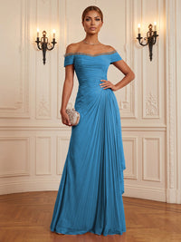 Chiffon A-Line/Princess Off Shoulder Floor-Length Formal Dresses with Ruffles & Pleats