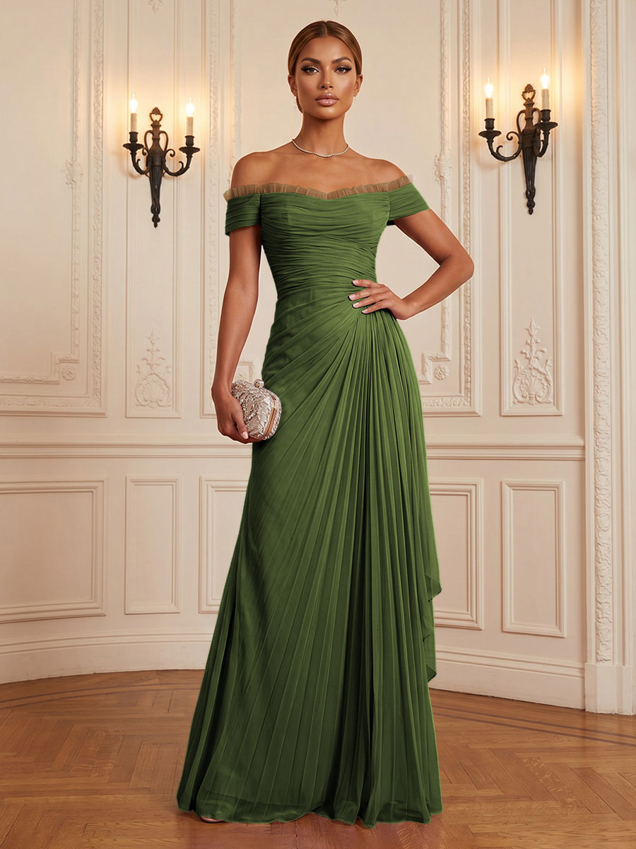 Chiffon A-Line/Princess Off Shoulder Floor-Length Formal Dresses with Ruffles & Pleats