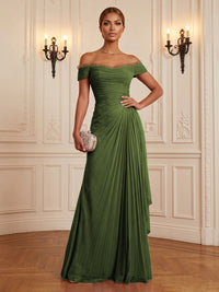 Chiffon A-Line/Princess Off Shoulder Floor-Length Formal Dresses with Ruffles & Pleats