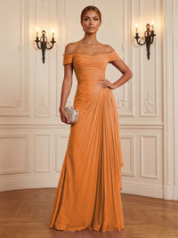 Chiffon A-Line/Princess Off Shoulder Floor-Length Formal Dresses with Ruffles & Pleats