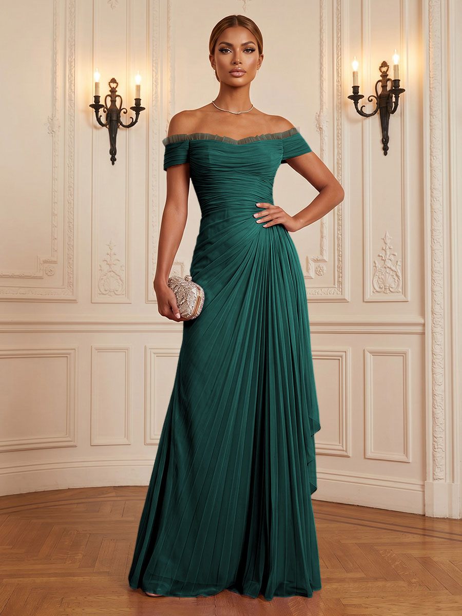 Chiffon A-Line/Princess Off Shoulder Floor-Length Formal Dresses with Ruffles & Pleats