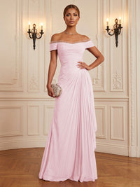 Chiffon A-Line/Princess Off Shoulder Floor-Length Formal Dresses with Ruffles & Pleats