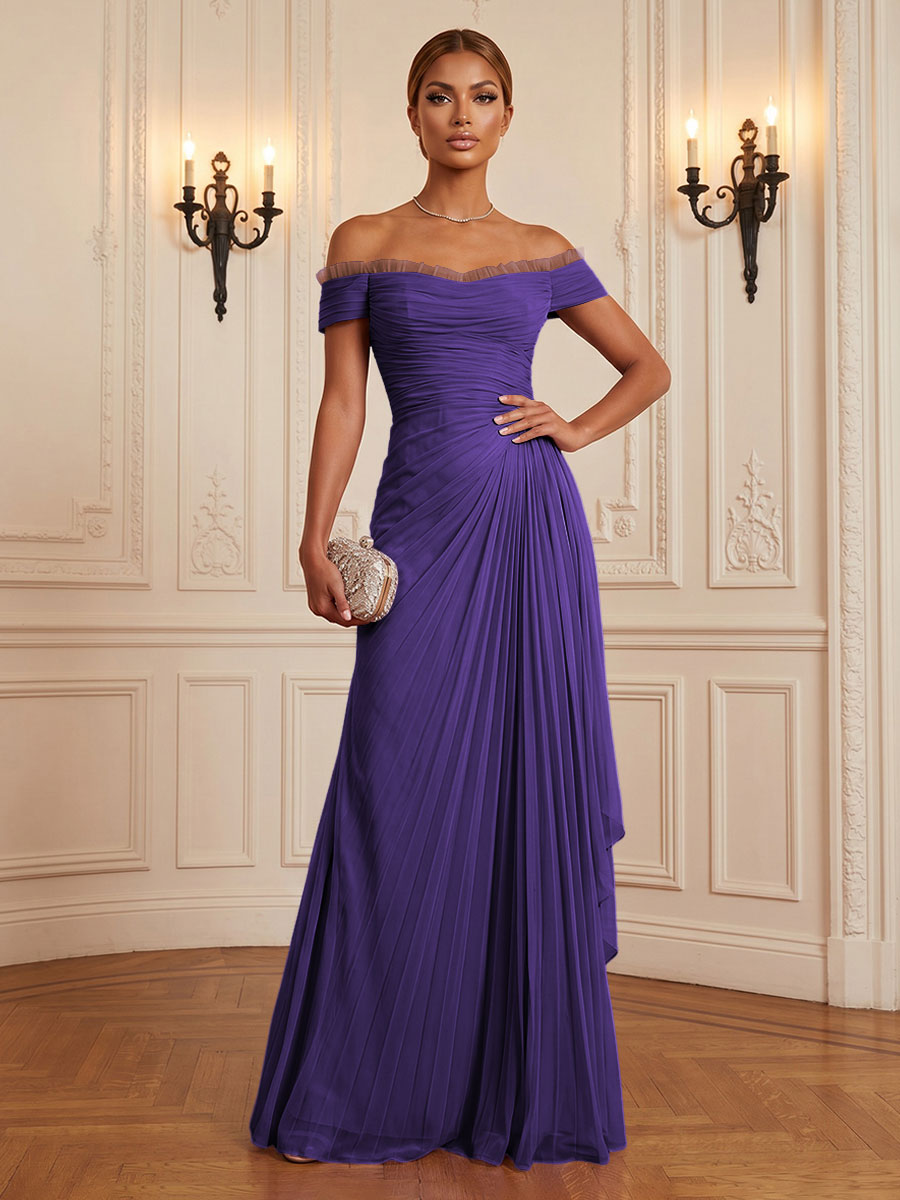 Chiffon A-Line/Princess Off Shoulder Floor-Length Formal Dresses with Ruffles & Pleats
