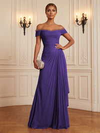 Chiffon A-Line/Princess Off Shoulder Floor-Length Formal Dresses with Ruffles & Pleats