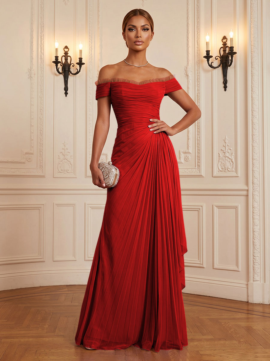 Chiffon A-Line/Princess Off Shoulder Floor-Length Formal Dresses with Ruffles & Pleats