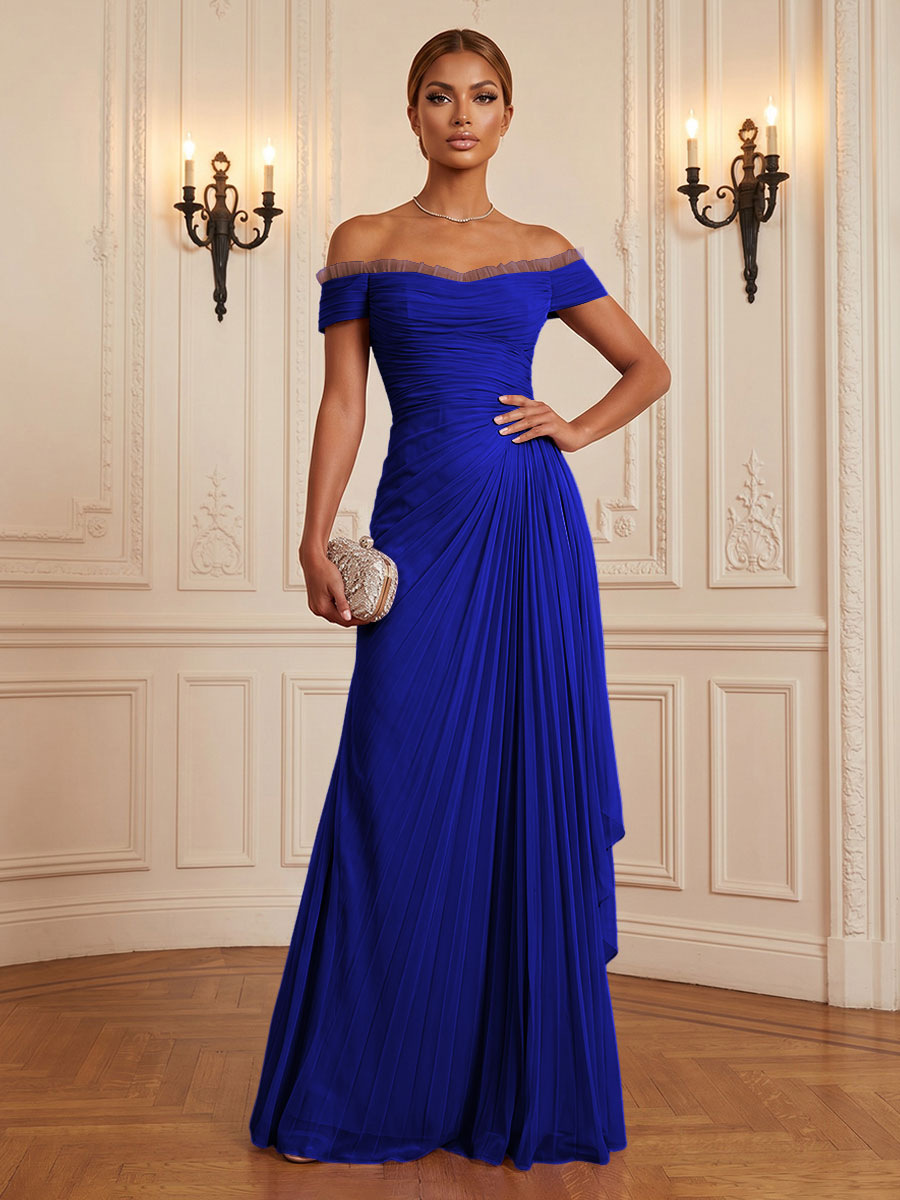 Chiffon A-Line/Princess Off Shoulder Floor-Length Formal Dresses with Ruffles & Pleats