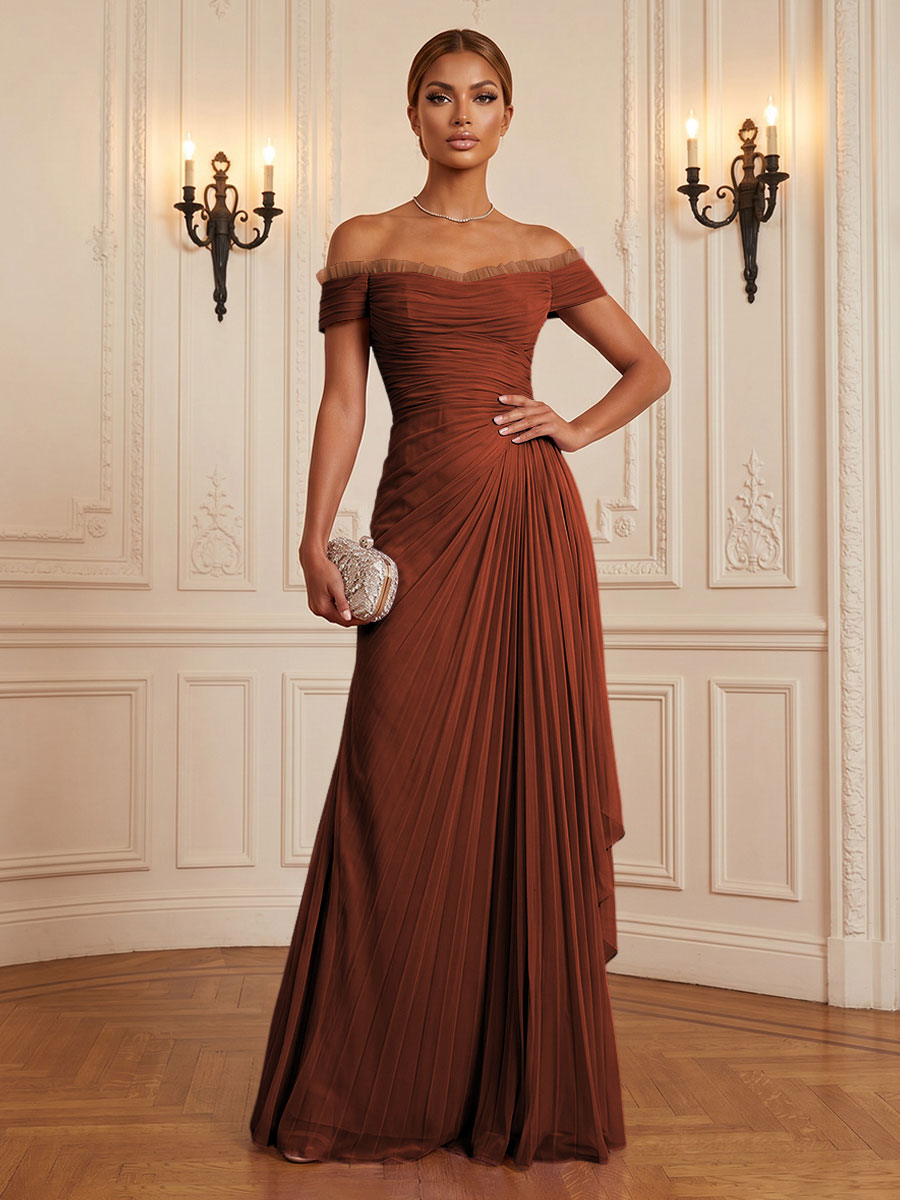 Chiffon A-Line/Princess Off Shoulder Floor-Length Formal Dresses with Ruffles & Pleats