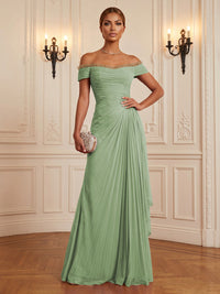Chiffon A-Line/Princess Off Shoulder Floor-Length Formal Dresses with Ruffles & Pleats