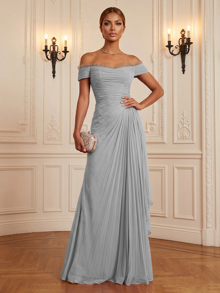 Chiffon A-Line/Princess Off Shoulder Floor-Length Formal Dresses with Ruffles & Pleats