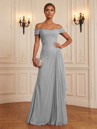 Chiffon A-Line/Princess Off Shoulder Floor-Length Formal Dresses with Ruffles & Pleats