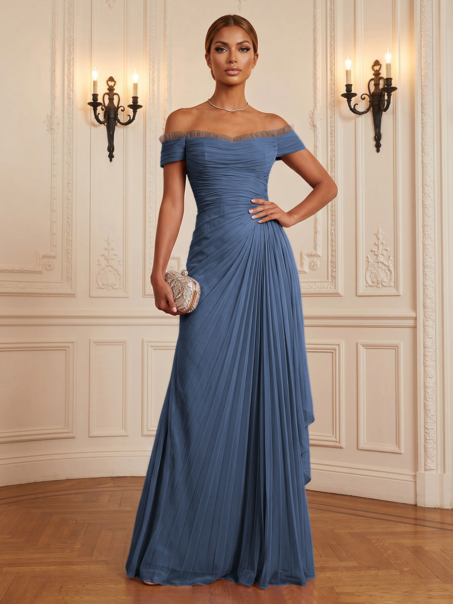Chiffon A-Line/Princess Off Shoulder Floor-Length Formal Dresses with Ruffles & Pleats