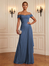 Chiffon A-Line/Princess Off Shoulder Floor-Length Formal Dresses with Ruffles & Pleats