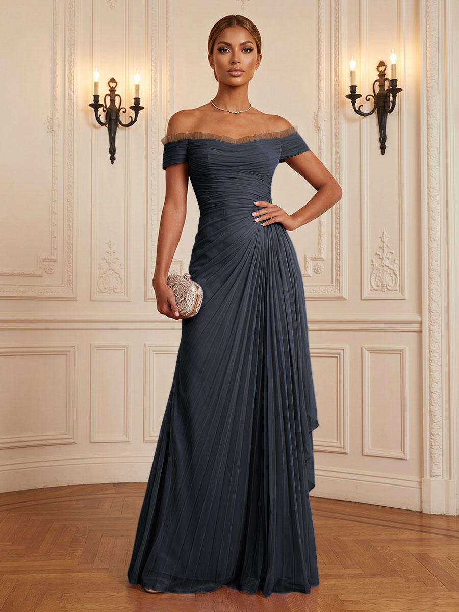 Chiffon A-Line/Princess Off Shoulder Floor-Length Formal Dresses with Ruffles & Pleats