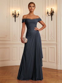 Chiffon A-Line/Princess Off Shoulder Floor-Length Formal Dresses with Ruffles & Pleats