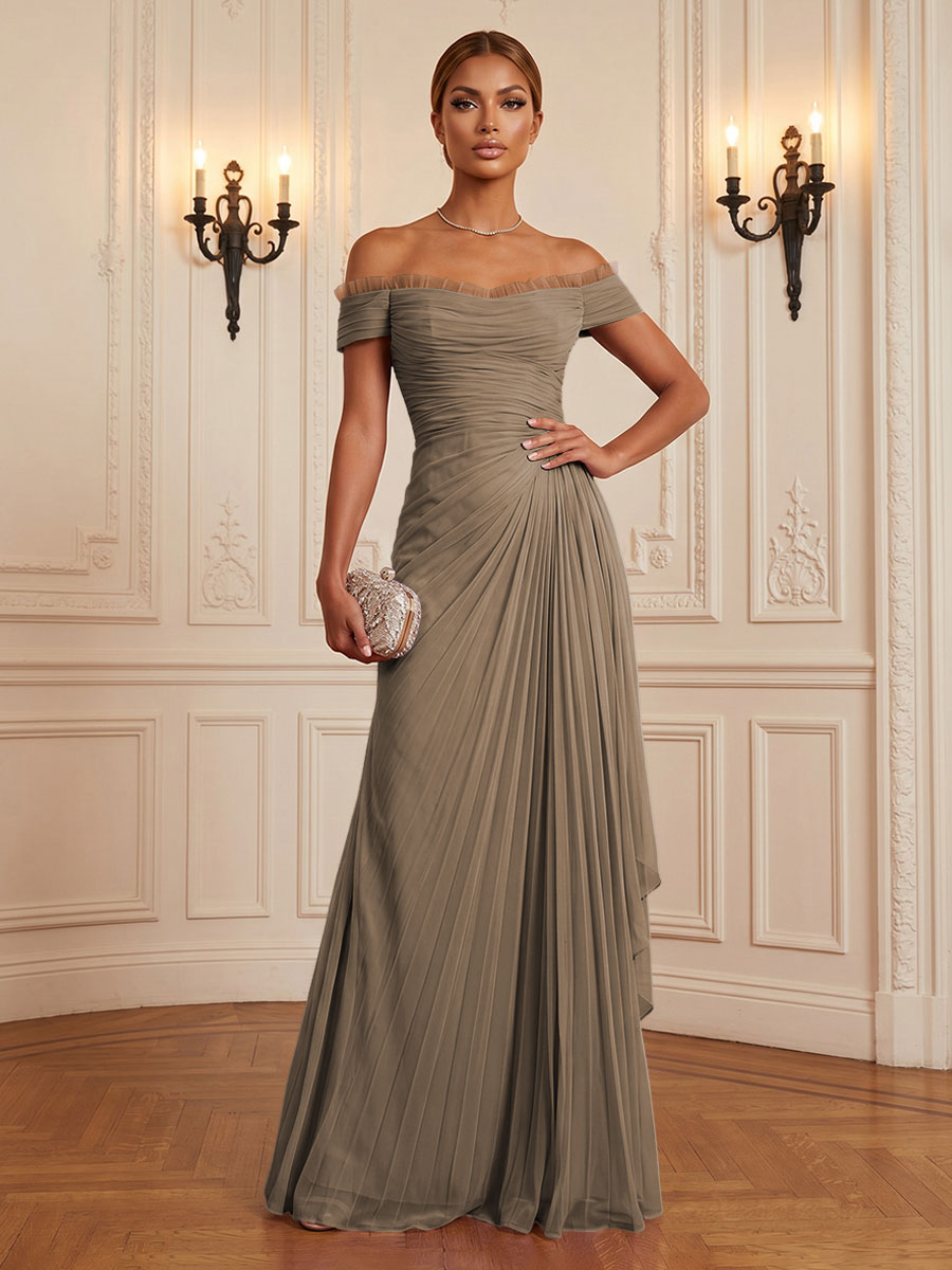 Chiffon A-Line/Princess Off Shoulder Floor-Length Formal Dresses with Ruffles & Pleats